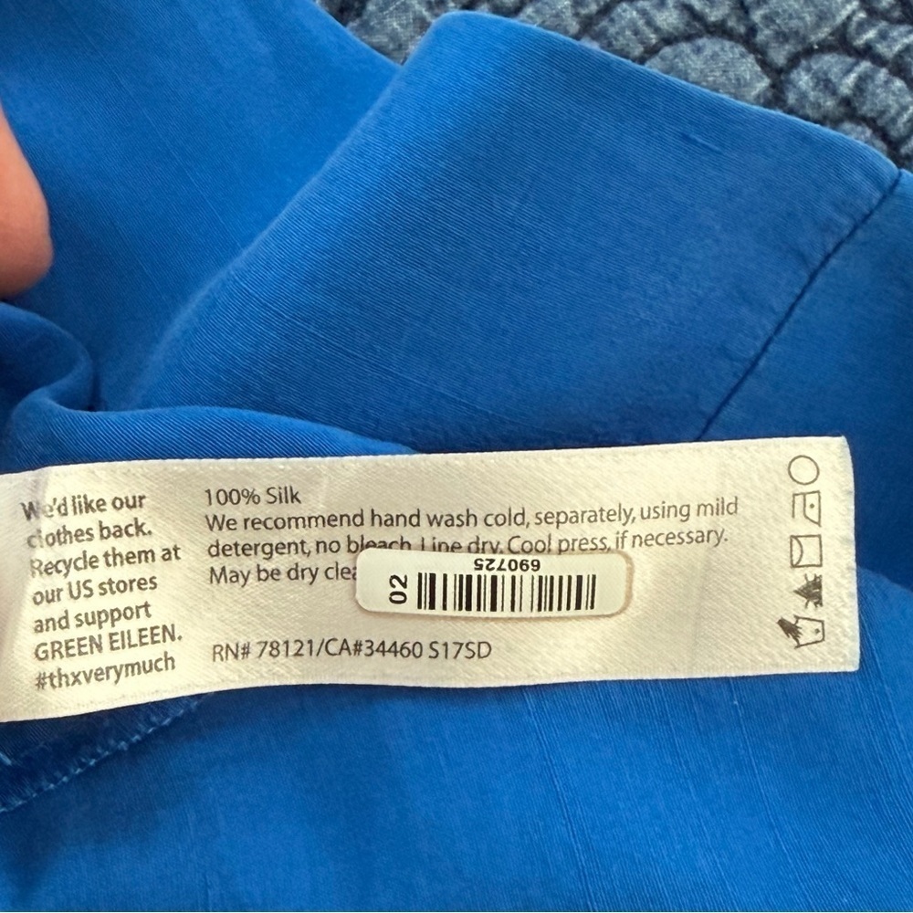 Eileen Fisher Silk Dupioni High Collar Top Catalina Blue VNeck Long Sleeve - Picture 11 of 12